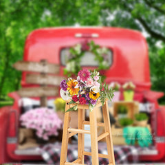 Aperturee - Green Forest Red Truck Floral Happy Spring Backdrop