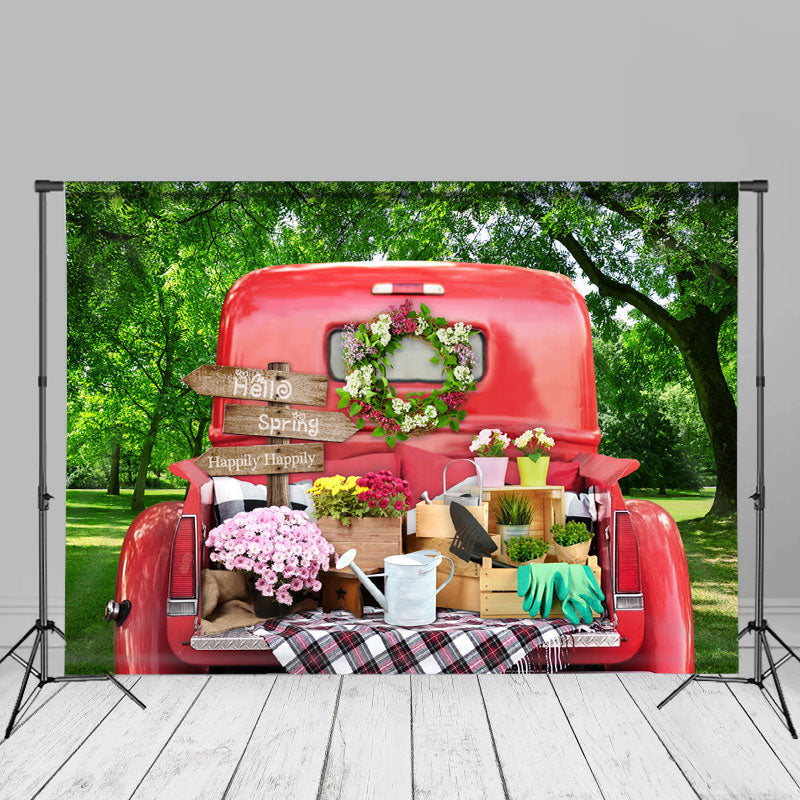 Aperturee - Green Forest Red Truck Floral Happy Spring Backdrop