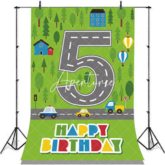 Aperturee - Green Forest Road 5th Birthday Backdrop For Boys