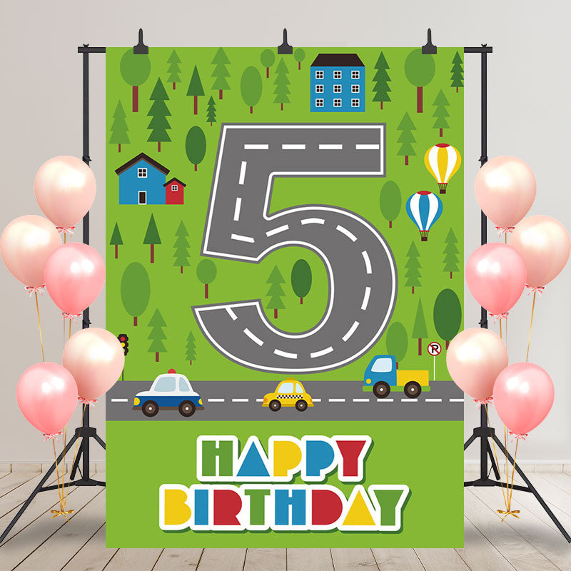 Aperturee - Green Forest Road 5th Birthday Backdrop For Boys