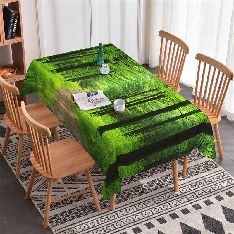 Aperturee - Green Forest Trees Spring Road Rectangle Tablecloth