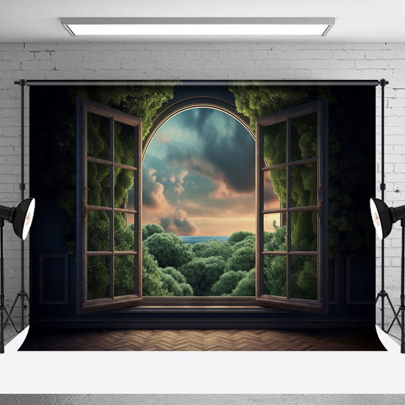 Aperturee - Green Forest Window Natural Scenery Photo Backdrop