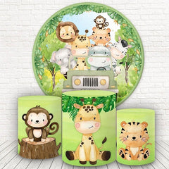 Aperturee Green Forest With Cute Animals Round Birthday Backdrop Kit