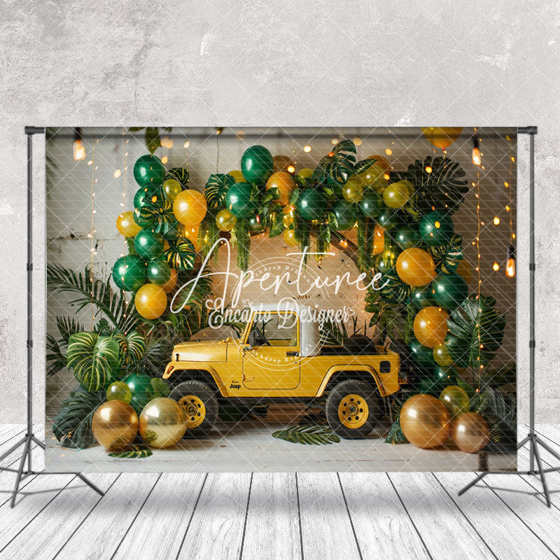 Aperturee - Green Gold Balloons Plant Car Cake Smash Backdrop