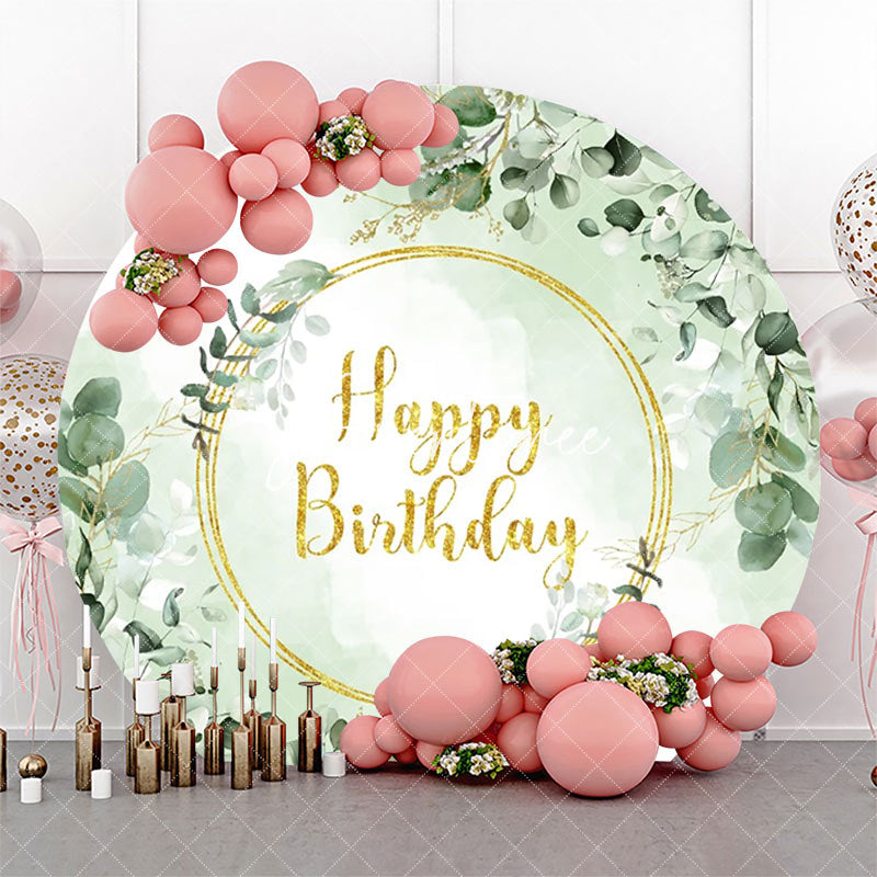 Aperturee - Green Gold Glitter Greenery Round Birthday Backdrop