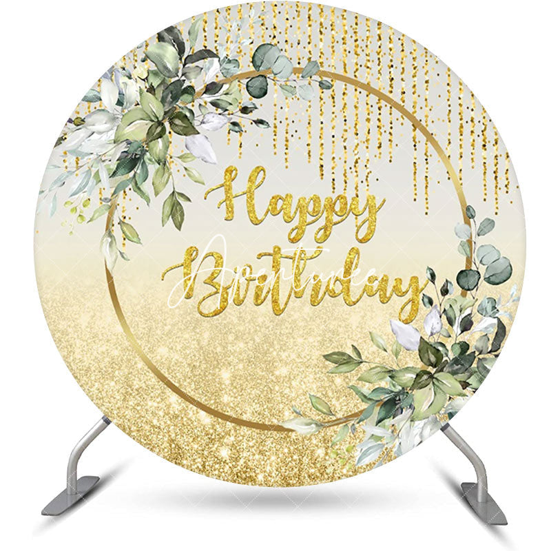 Aperturee - Green Gold Glitter Leaves Round Birthday Backdrop