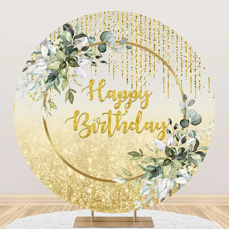 Aperturee - Green Gold Glitter Leaves Round Birthday Backdrop