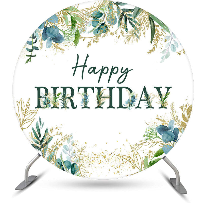 Aperturee - Green Gold Leaves Round Happy Birthday Backdrop