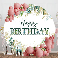 Aperturee - Green Gold Leaves Round Happy Birthday Backdrop