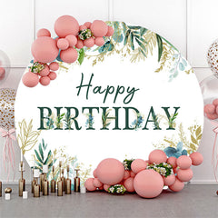 Aperturee - Green Gold Leaves Round Happy Birthday Backdrop