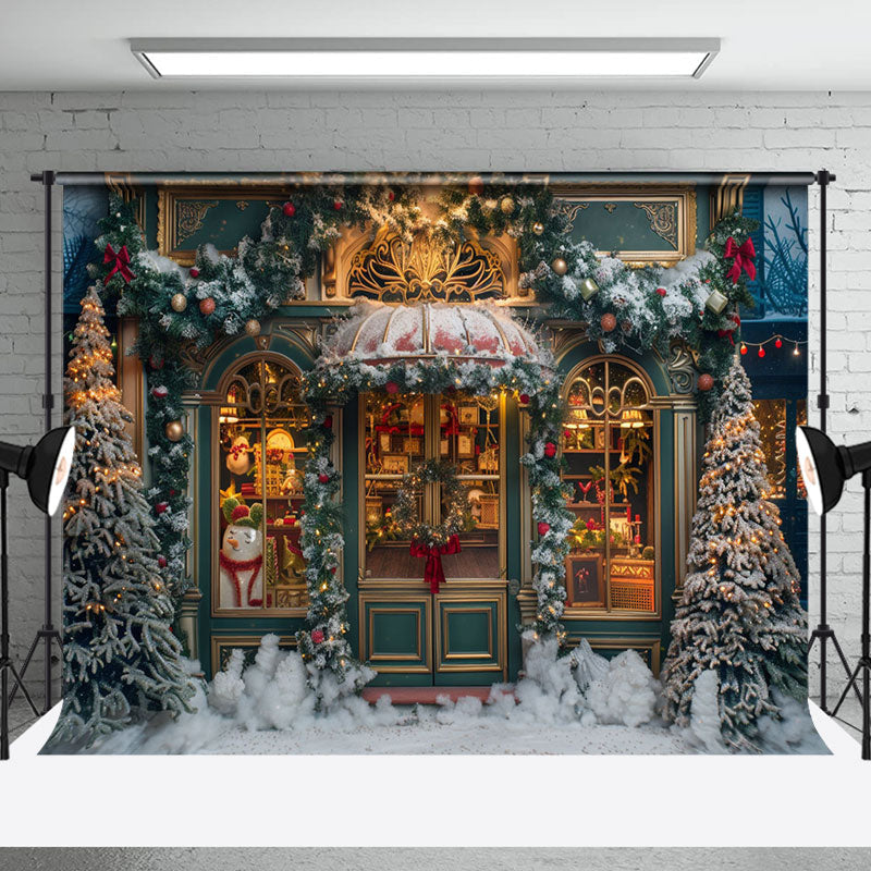 Aperturee - Green Gold Store Door Snow Trees Christmas Backdrop