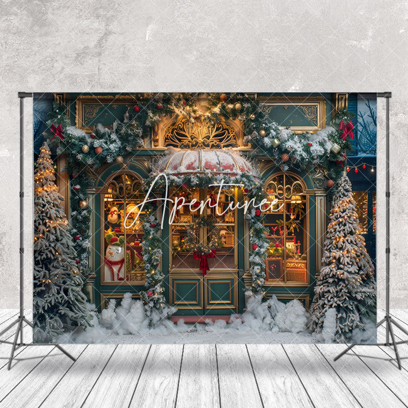 Aperturee - Green Gold Store Door Snow Trees Christmas Backdrop