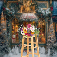 Aperturee - Green Gold Store Door Snow Trees Christmas Backdrop