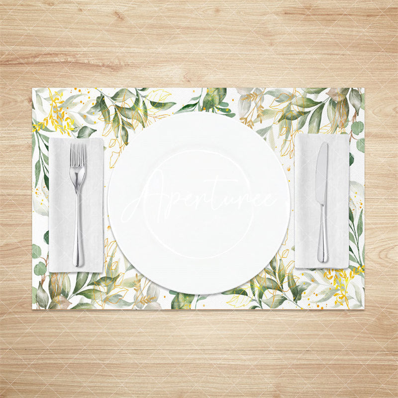 Aperturee - Green Golden Leaves Dots Faded Set Of 4 Placemats