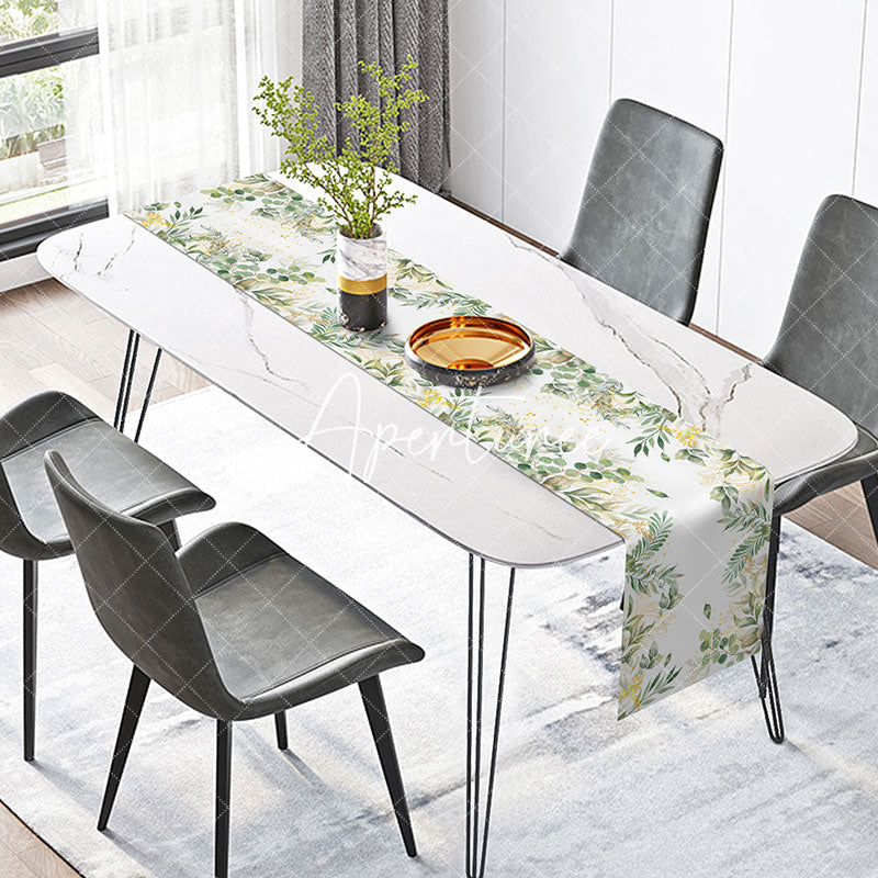 Aperturee - Green Golden Leaves Faded Simple Spring Table Runner