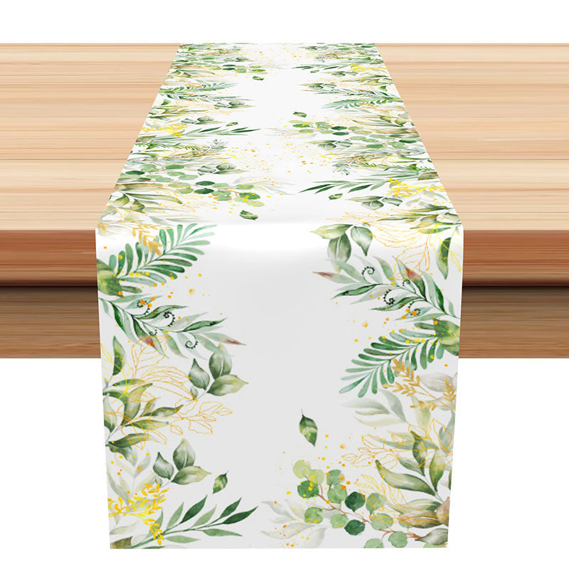 Aperturee - Green Golden Leaves Faded Simple Spring Table Runner