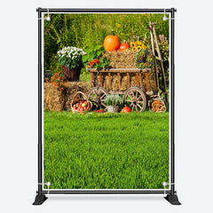 Aperturee - Green Grass Floral Fruit Wooden Cart Spring Backdrop