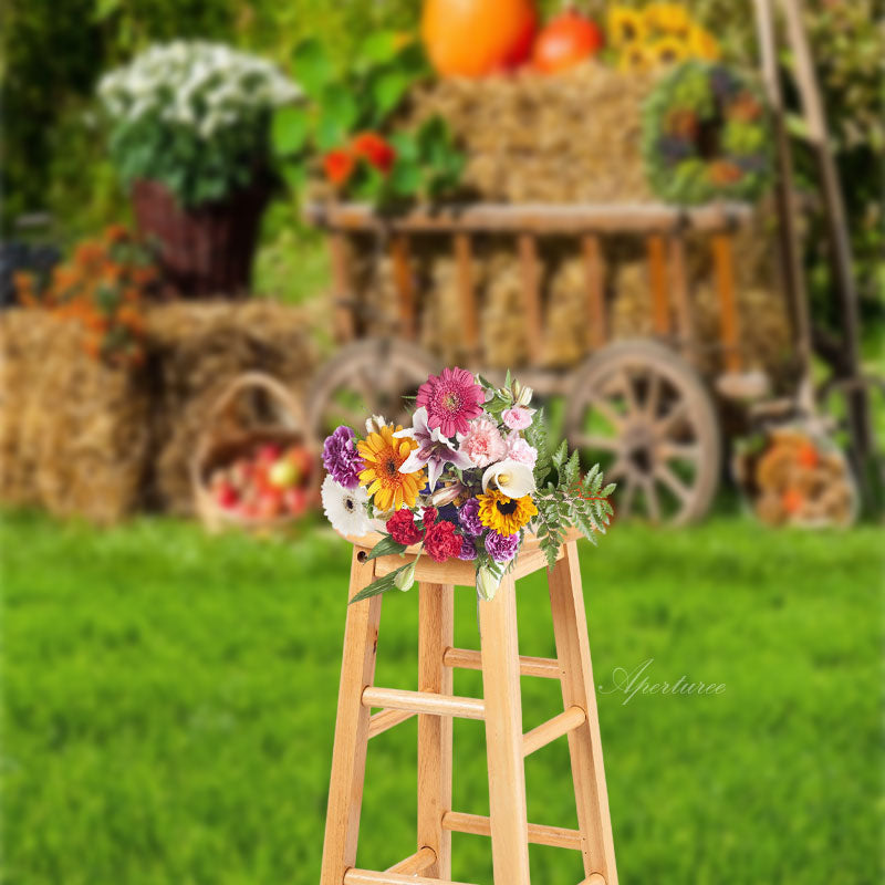 Aperturee - Green Grass Floral Fruit Wooden Cart Spring Backdrop