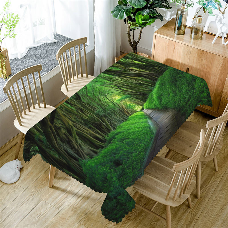 Aperturee - Green Grass Forest Wood Road Rectangle Tablecloth