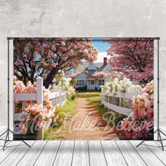 Aperturee - Green Grass House Pink White Floral Spring Backdrop