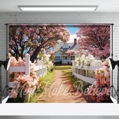 Aperturee - Green Grass House Pink White Floral Spring Backdrop