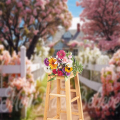 Aperturee - Green Grass House Pink White Floral Spring Backdrop