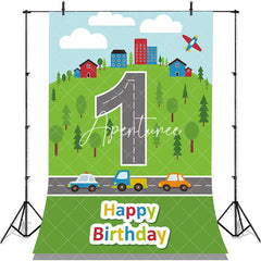 Aperturee - Green Grassland Forest Road Sky 1st Birthday Backdrop