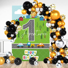 Aperturee - Green Grassland Forest Road Sky 1st Birthday Backdrop