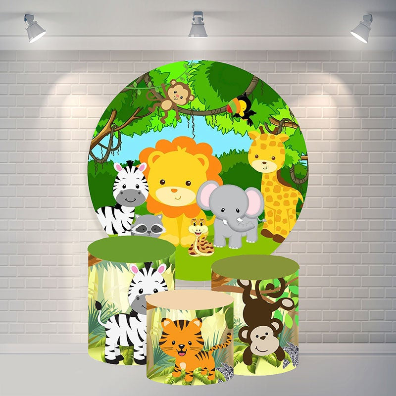 Aperturee Green Jungle Animals Round Happy Birthday Backdrop