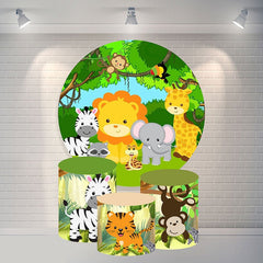 Aperturee Green Jungle Animals Round Happy Birthday Backdrop