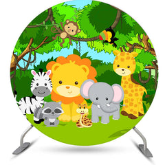 Aperturee - Green Jungle Animals Round Happy Birthday Backdrop