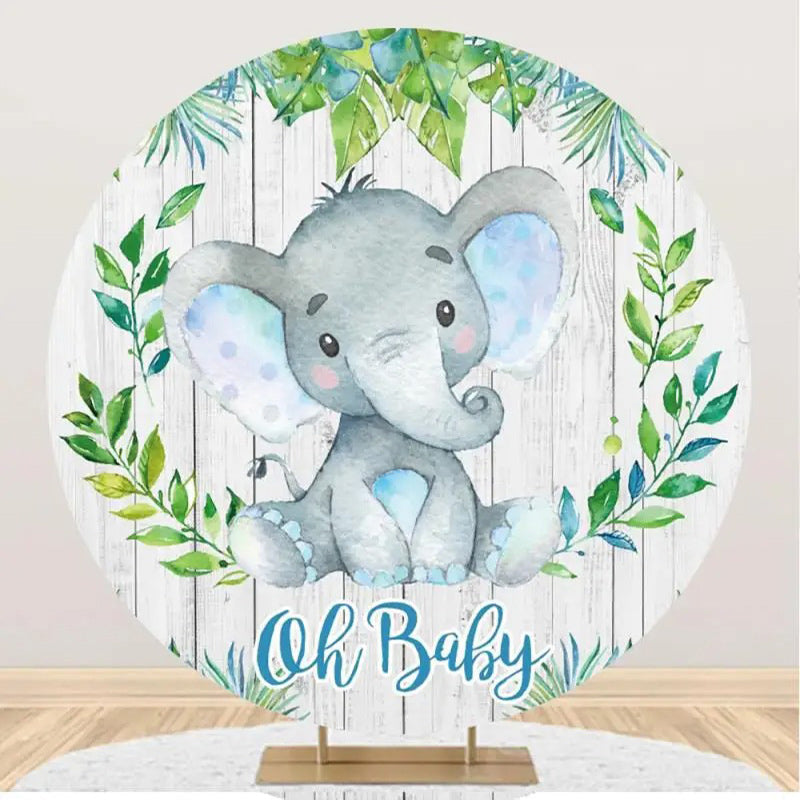 Aperturee - Green Leaf Elephant Wood Round Baby Shower Backdrop