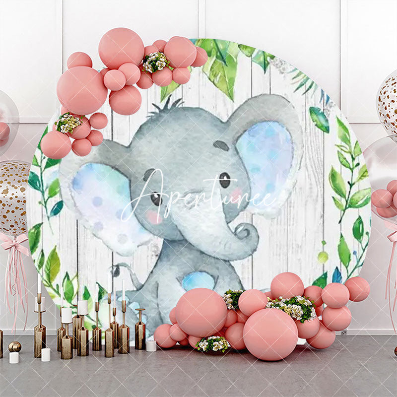 Aperturee - Green Leaf Elephant Wood Round Baby Shower Backdrop