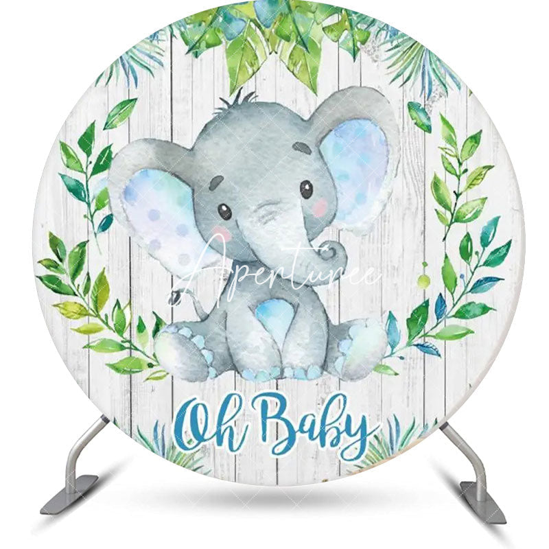 Aperturee - Green Leaf Elephant Wood Round Baby Shower Backdrop