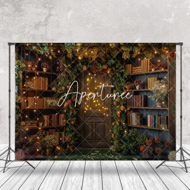 Aperturee - Green Leaf Floral Bookshelf Door Backdrop For Photo