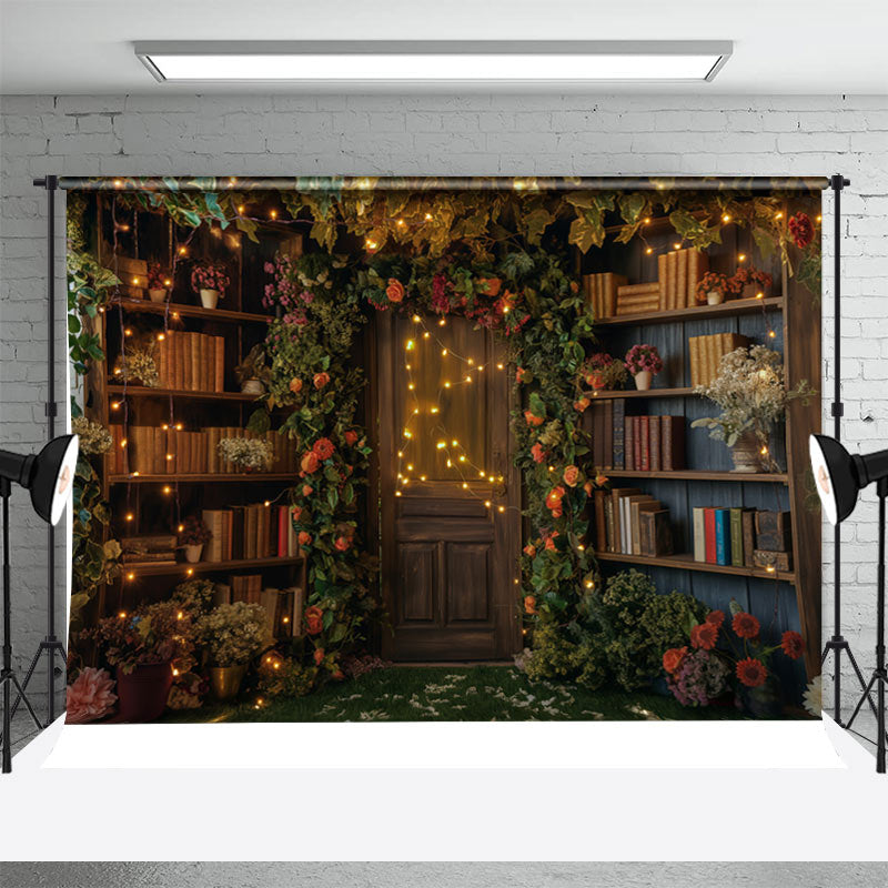 Aperturee - Green Leaf Floral Bookshelf Door Backdrop For Photo