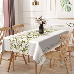 Aperturee - Green Leaf Floral White Simple Rectangle Tablecloth