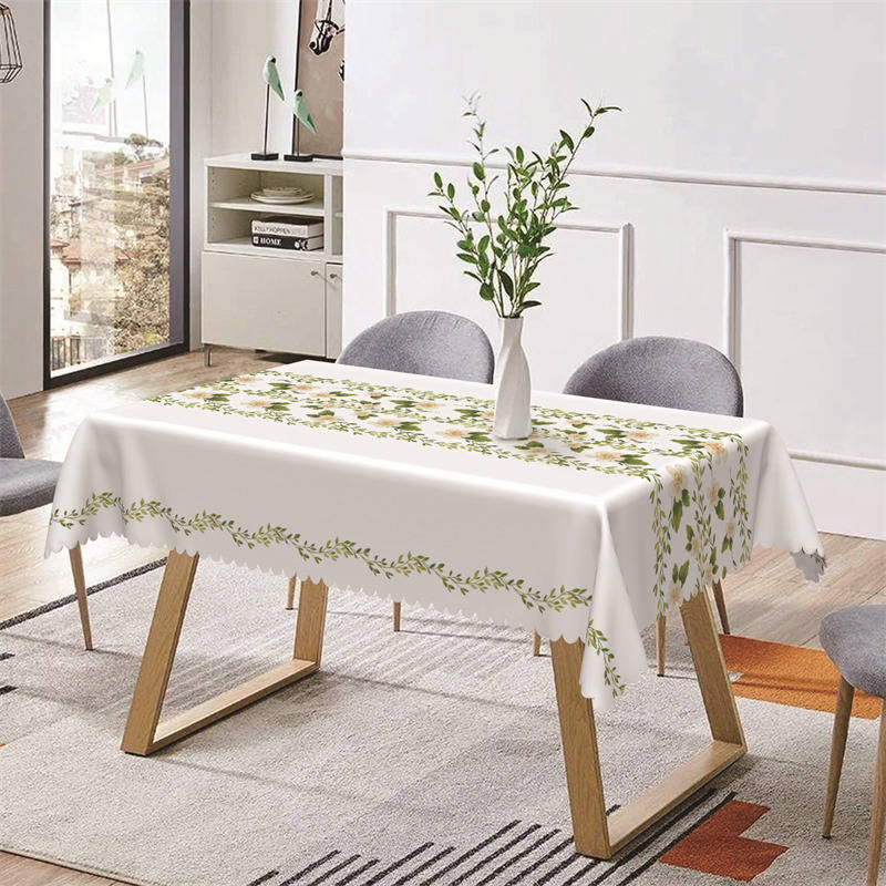 Aperturee - Green Leaf Floral White Simple Rectangle Tablecloth