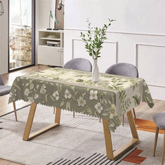 Aperturee - Green Leaf White Floral Spring Rectangle Tablecloth