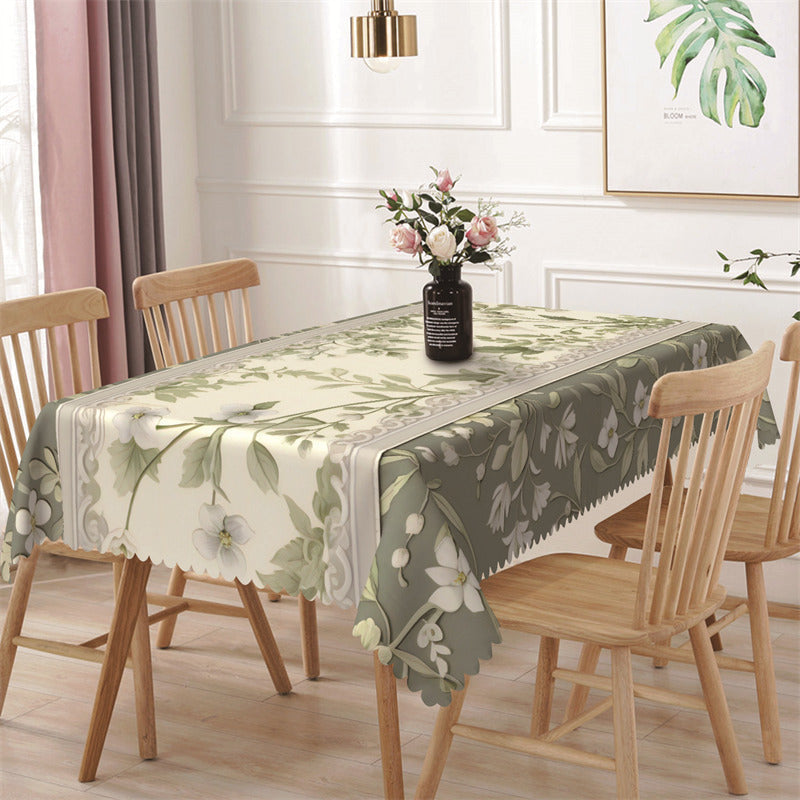 Aperturee - Green Leaf White Floral Spring Rectangle Tablecloth