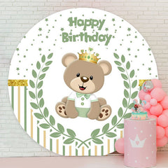 Aperturee - Green Leaves And Bear Round Birthday Backdrop