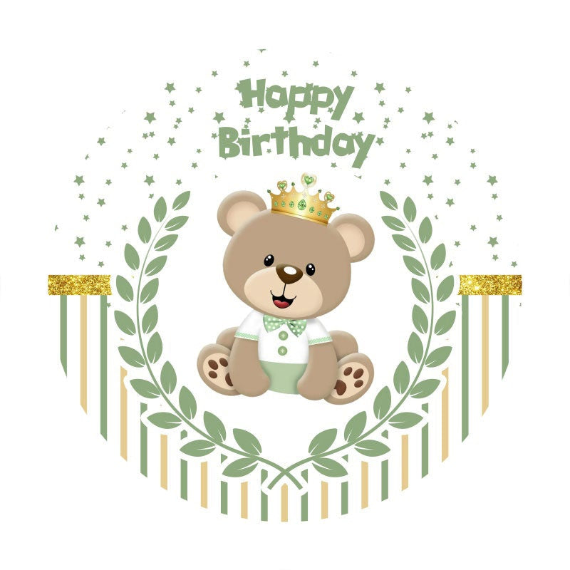 Aperturee - Green Leaves And Bear Round Birthday Backdrop