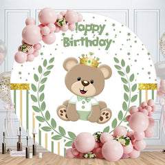 Aperturee - Green Leaves And Bear Round Birthday Backdrop