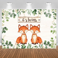 Aperturee - Green Leaves And Foxes Its Twins Baby Shower Backdrop