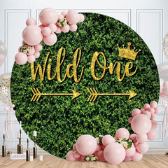 Aperturee - Green Leaves And Gold Wild One Round Birthday Backdrop