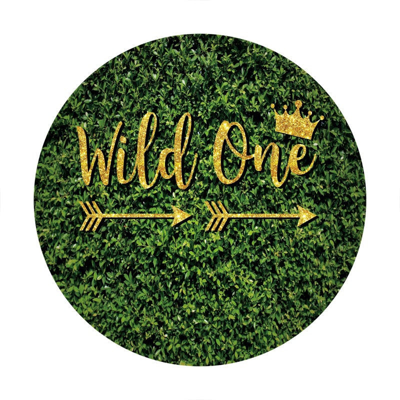 Aperturee - Green Leaves And Gold Wild One Round Birthday Backdrop