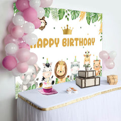 Aperturee - Green Leaves Animals Crown Dot Birthday Backdrop