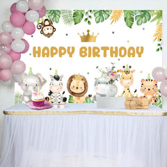 Aperturee - Green Leaves Animals Crown Dot Birthday Backdrop