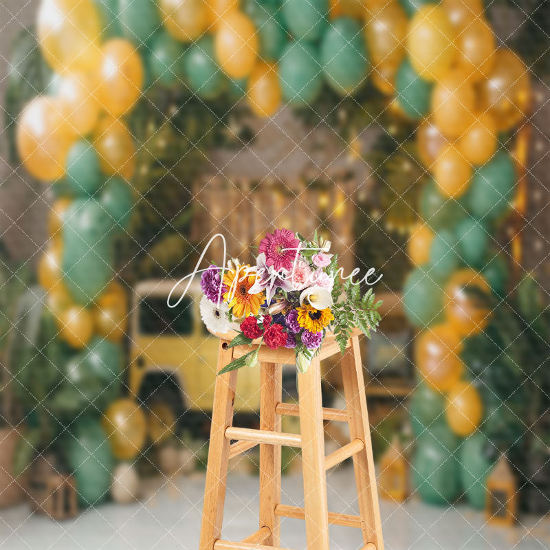 Aperturee - Green Leaves Car Balloons Cake Smash Paoto Backdrop