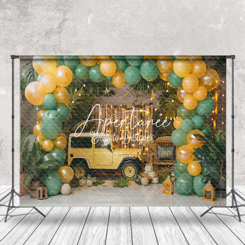 Aperturee - Green Leaves Car Balloons Cake Smash Paoto Backdrop